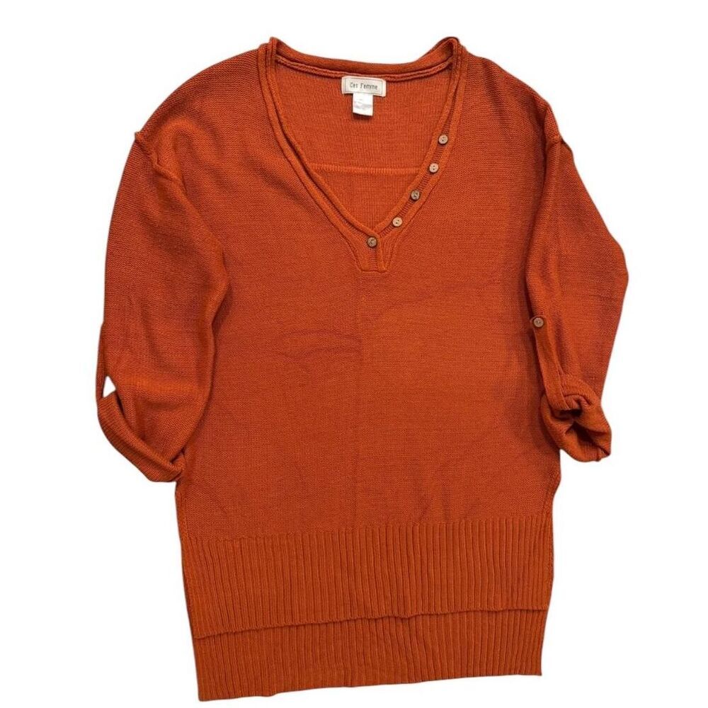 Ces Femme Orange Women V-Neck Knit Tunic Henley Sweater Stretch Oversized
